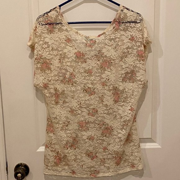 Maurice’s Ivory & Pink Floral Sheer Lace Top - Picture 3 of 6